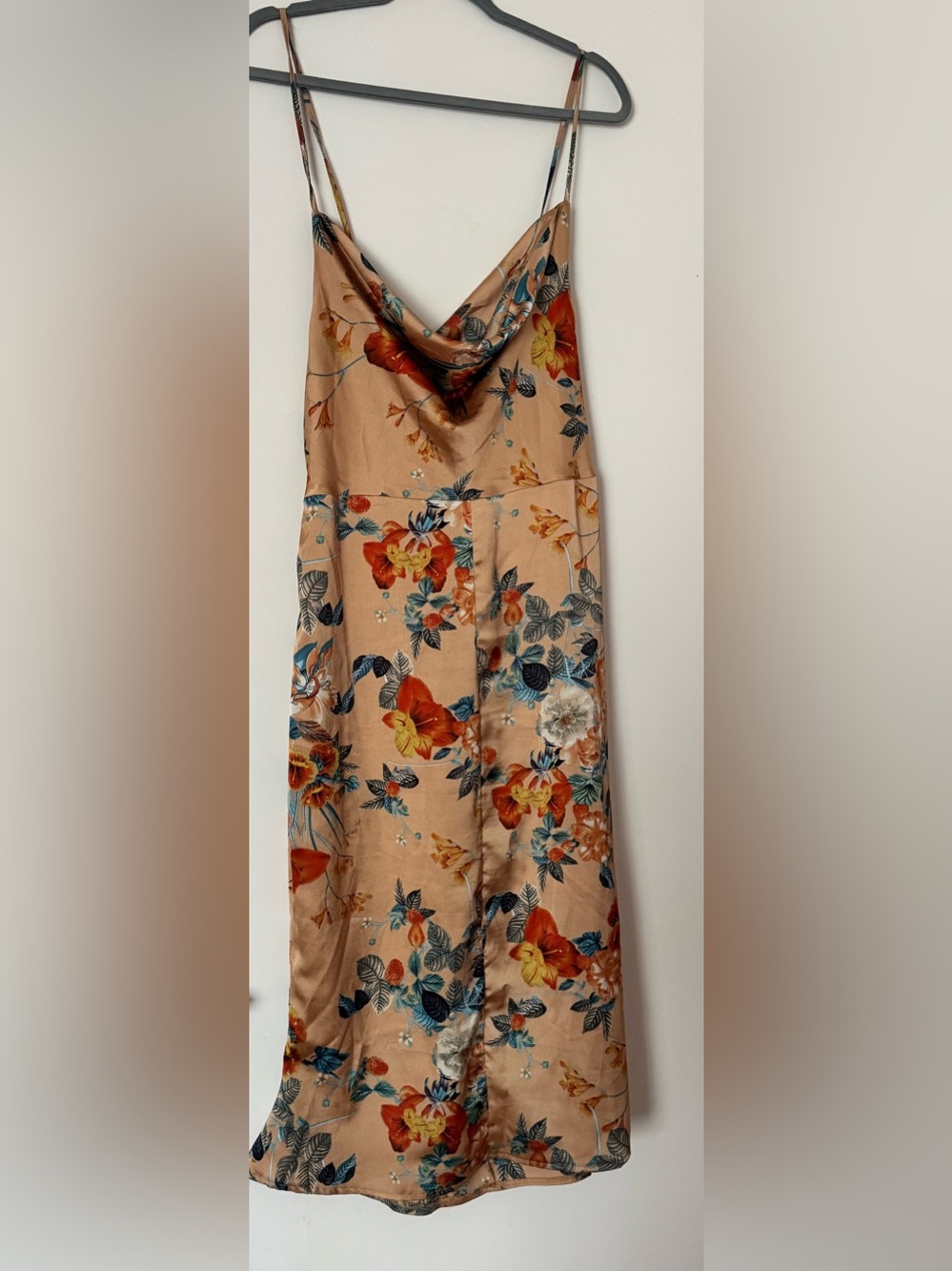 Boohoo Beige Floral Midi Slip Dress with Blue & Orange Flowers